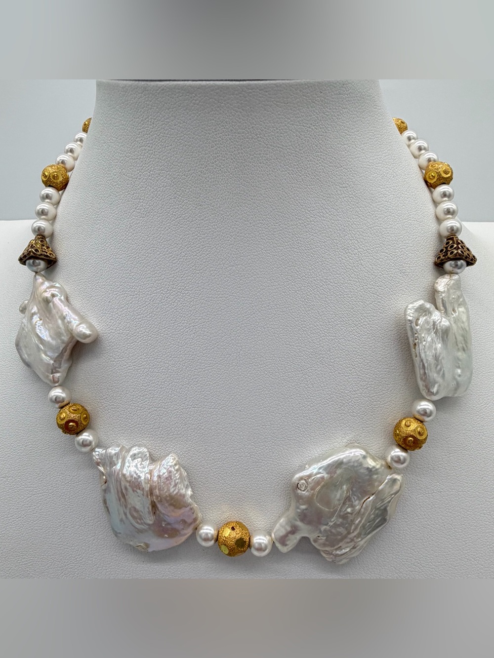Large Baroque Pearl Necklace Gold Tone Beads Faux Pearl Statement Bib Collar